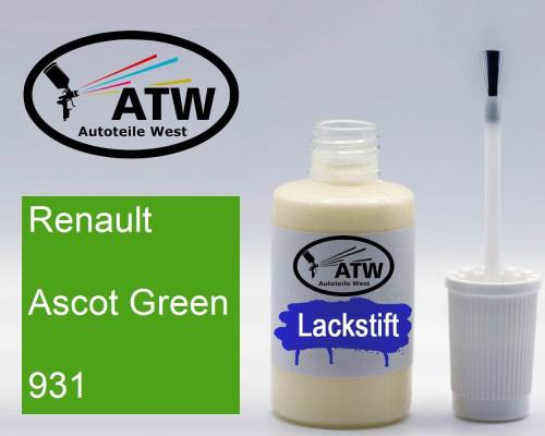 Renault, Ascot Green, 931: 20ml Lackstift, von ATW Autoteile West.